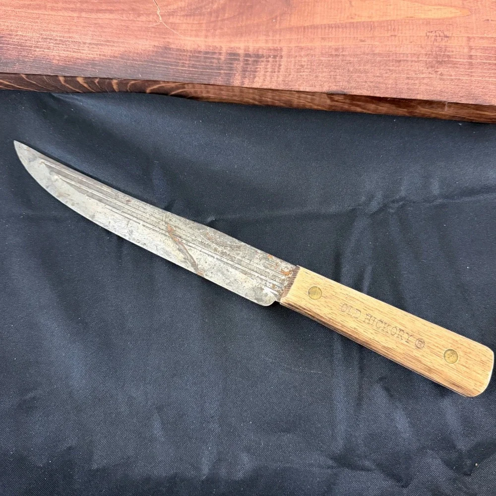 Old Hickory Tru-Edge Butcher Knife Carbon Steel Wood Handle Made in USA Vintage